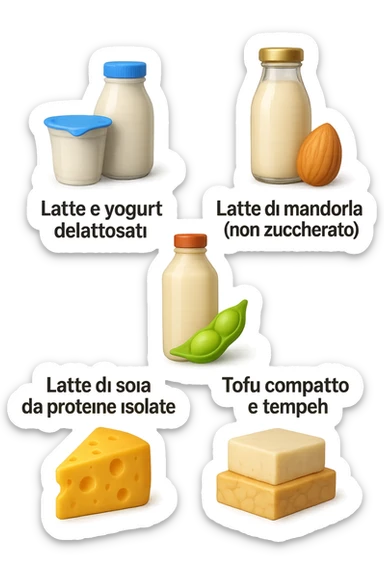 emoji stile iphone 3d di questi elementi che fluttuano in aria:

Latte e yogurt delattosati
Latte di mandorla (non zuccherato)
Latte di soia da proteine isolate
Formaggi stagionati (es. parmigiano)
Tofu compatto e tempeh
 che fluttuano in aria,  le etichette scrivile in italiano, iperealistico 4k sticker