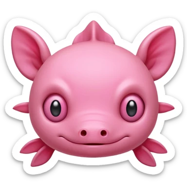Cartoon pink axolotl face emoji, front view, flat wide head, external gills on both sides, big round eyes, small mouth, no snout, vector style, flat colors, transparent background. sticker