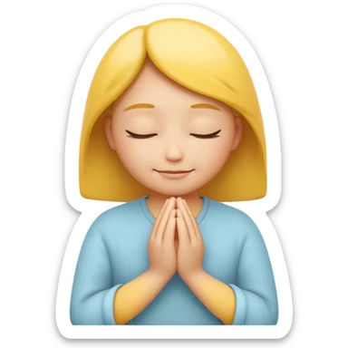 A 3D Apple-style yellow round emoji, calm and patient expression, closed eyes with a gentle smile, hands together in front as if waiting or praying, soft relaxed eyebrows, subtle glow around the head to symbolize patience, clean minimal background sticker