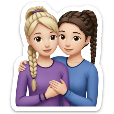 Comforting Hug two white skin women, one shorter woman with medium brown simple top ponytail, not braided, and one taller woman with a single long black side braid sticker