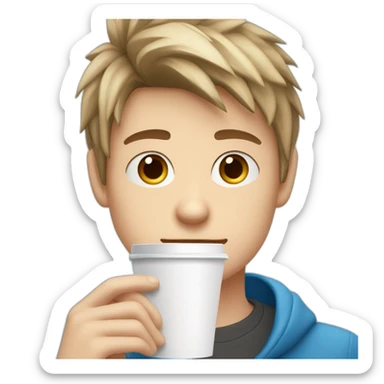 white blue eyed teen boy with dark blonde spiky hair stands with a disposable white cup of coffee in his hands sticker