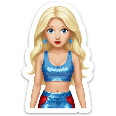 Christina Aguilera with blue eyes, long blonde hair, light blue sequin crop top, red sequin pants sticker