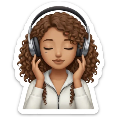 Light brown skin girl, long curly brown flat hair, eyes closed, headphones on listing to music sticker