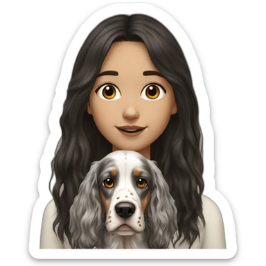 hyperrealist caucasian girl black long hair with brown english setter dog sticker