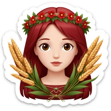 In Greek mythology, Persephone is often depicted as a young goddess with fair skin and dark red, straight hair. She is typically shown wearing a wreath of flowers and holding symbols like sheaves of grain or a flaming torch.  sticker