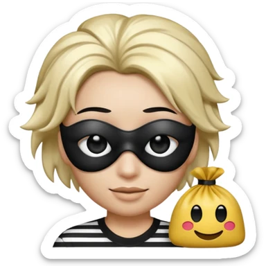 Realistic ios emoji-style portrait of a classic burglar, a black eye mask and a black-and-white striped shirt. Highly detailed, natural skin texture, realistic shadows, smooth gradients, glossy reflections in the eyes. emoji-like hair, black hat, an emoji bag of money in a right corner  sticker