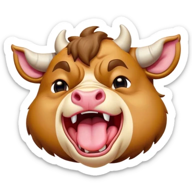 Cinematic Cute Yawning Domestic Bull Portrait Emoji, Head tilted slightly with a dramatic, wide-open yawn, showcasing a robust, muscular frame with a soft, downy coat and subtly drooping horns, round eyes barely open in drowsy contentment, Simplified yet irresistibly adorable features, highly detailed, glowing with a soft, cozy natural glow, high shine, relaxed yet expressive, stylized with a dash of rustic whimsy, soft glowing outline, capturing the essence of a sleepy yet affectionate domestic bull that seems ready to stretch out and settle for a nap! sticker