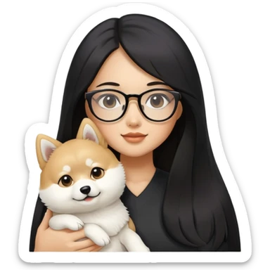 A beautiful girl with long black hair and glasses is holding a long-haired white Shiba Inu puppy sticker