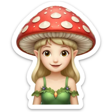 mushroom fairy portrait, head and shoulders only, wearing a large mushroom cap hat, tiny glowing wings visible behind shoulders, cute magical smile, forest fantasy vibe, 3D cartoon, mobile game icon style, clean background, no text, no watermark

 sticker