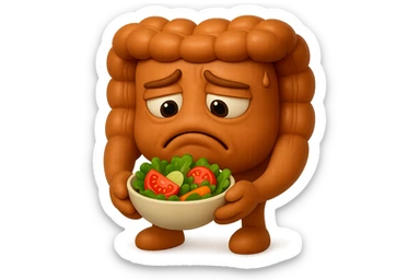 EMOJI STILE IPHONE DI UN INTESTINO UMANO ANATOMICO CHE GUARDA UN INSALATA CON ESPRESSIONE TRISTE E RASSEGNATA IN VOLTO: SOFFRE LA FAME PERCHé è A DIETA, FAGLI ANCHE LA PARTE BIANCA DEGLI OCCHI, NON SOLO LE PUPILLE, IPERREALISTICO 4K sticker