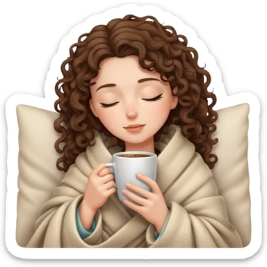 White girl with curly brunette hair wrapped in a cozy blanket sipping coffee with eyes closed peacefully sticker