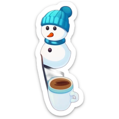 cute female snowman with a laptop holding a coffee mug and wearing a beanie sticker
