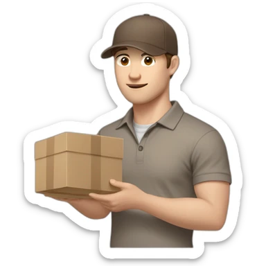 Pale skinned fit Man with dark brown hair in a beige cap, gray jeans and brown polo T-shirt keeping a pasted with tape white box into his hands sticker