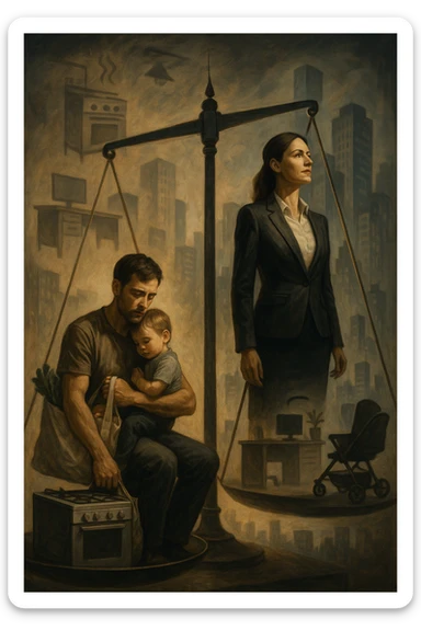 Scena metaforica: una bilancia sociale sbilanciata, con un uomo seduto da un lato con un bambino in braccio e una borsa della spesa, mentre una donna in carriera in abiti formali guarda lontano con espressione determinata. Intorno a loro, simboli confusi dei ruoli tradizionali (fornello, scrivania, passeggino, ufficio). Sullo sfondo, una città moderna e caotica. L’atmosfera è riflessiva, non giudicante. Luci contrastate, come a simboleggiare tensione culturale. in italiano sticker