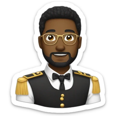 black soldier with beard, part in black hair, white collared shirt, bow tie, gold frame glasses, bulletproof vest  sticker