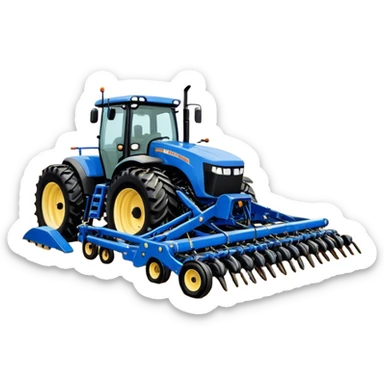 Bourgault 3420 Paralink Hoe Drill (2022) – Cinematic-realistic Bourgault 3420 Paralink Hoe Drill, its massive blue frame stretching across the vast fields. The powerful machine plants seeds with pinpoint accuracy as the sun rises over the horizon, golden dust swirling in the crisp morning air. sticker