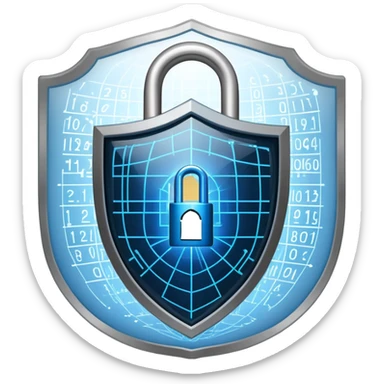 An icon featuring a shield with a padlock, a digital network grid, and binary code, symbolizing cybersecurity. The design includes a hacker’s silhouette, a firewall, and encrypted data flow, representing protection against cyber threats. Transparent background highlights digital security. sticker