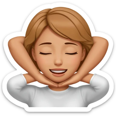 A girl with their hands around their neck choking themselves with their eyes closed and an upside down smile sticker