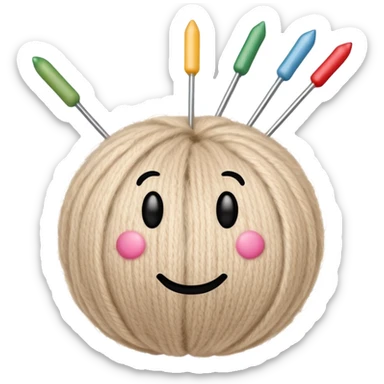 ball of beige mohair wool with knitting needles, needles have iOS smiley faces sticker