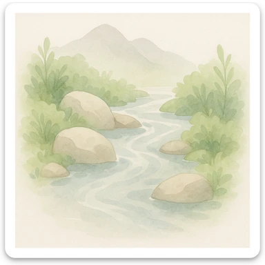 soft watercolor illustration in a minimalist modern style of a natural mountain stream flowing over rocks, surrounded by lush green vegetation, crystal clear water, pastel colors, delicate linework, gentle whimsical mood, minimal soft shading sticker