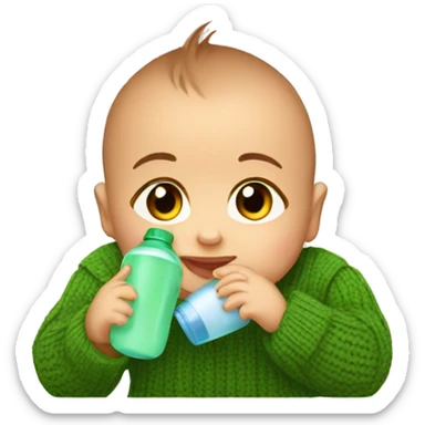 a 2 month old baby with a green sweater and brown eyes drinks his bottle sticker
