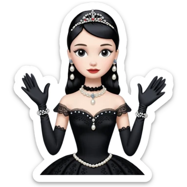 Audrey Hepburn as Sabrina Barbie.Wednesday Addams. Show full body wearing Embroidered long black gown jewelry gloves pearl earrings  sticker