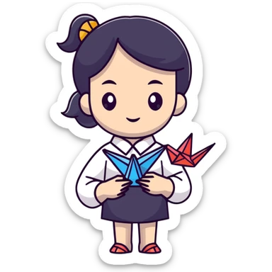 Ukrainian young girl in a white embroidered traditional shirt (vyshyvanka) holding origami paper crane sticker