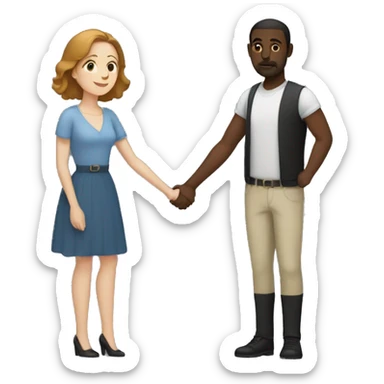 White woman with brown bob hair holding hands with a tall slim black man with a fade sticker