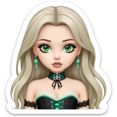 pretty bratz girl, long straight light ashy brown hair, jade green eyes, black eyeliner, pale skin, black corset clothes with laces sticker