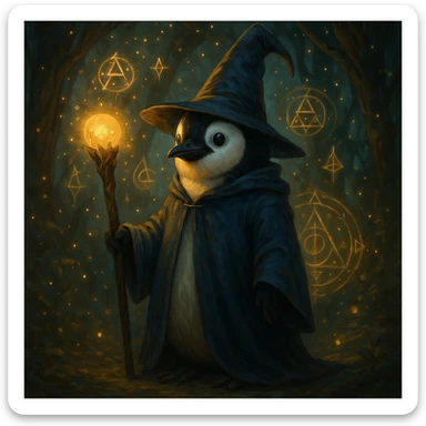 A penguin dressed as a wizard, wearing a pointed hat and holding a magic staff, in a magical setting. sticker