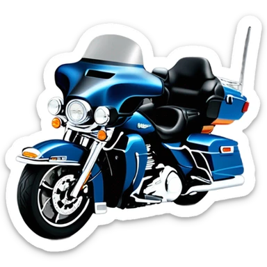 angled view of a harley davidson electra glide ultra classic with big blue pearl and vivid black two color paint scheme with midsize recurve windshield, two antennas, and an older caucasian man without a helmet sitting on the front seat. sticker