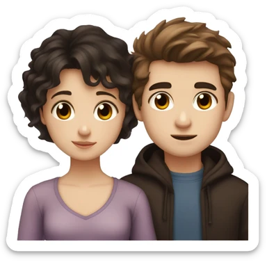 A dark brown straight haired girl with hazel eyes and pale skin beside a poofy haired super dark-haired boy with brown eyes and pale skin, they are  cuddling sticker
