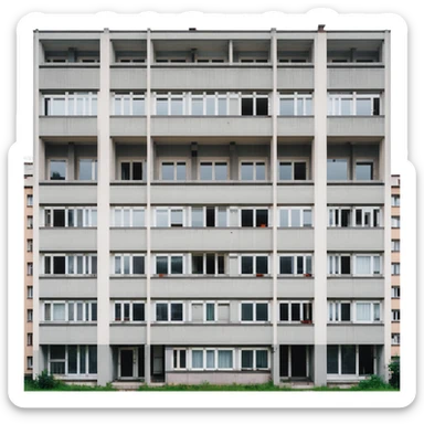 Soviet-era panel apartment building with rows of identical windows, gray concrete facade, flat roof, typical Russian multi-story residential building sticker