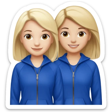 two girls smiling one has blond hair and one is has dark brown hair they are wearing royal blue track suits sticker