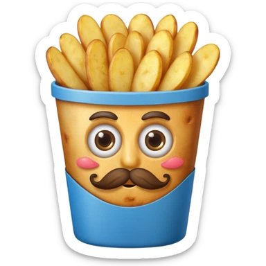 fried potatoes with eyes and mustache, in a blue carton  sticker