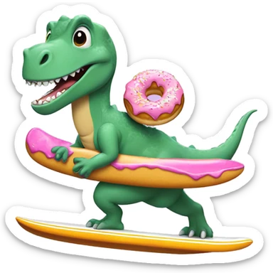 Dinosaur riding a surf board eating a donut. Make it look cartoony  sticker