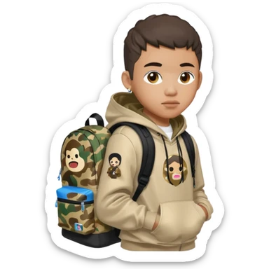 blasian teenager with bape hoodie and sprayground backpack sticker