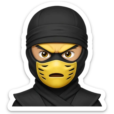 angry ninja face emoji, classic yellow emoji style, all black ninja mask, no mouth, glaring eyes, black ninja headband tie sticker