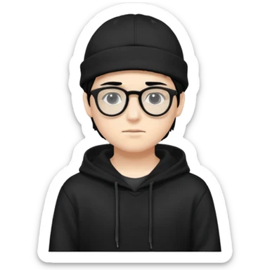 teenage boy (black hair, white skin, black eyes) wearing black glasses (nerd) and hide all his hair under a cap. wearing normal hoodie sticker