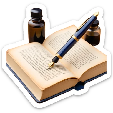 Create a vibrant emoji representing prose writing. The design should feature an open book with pages showing unfinished prose, a classic fountain pen or quill with black or dark blue ink, and an ink bottle (inkwell) next to it. The pages should have visible lines of text, but some should remain unfinished, symbolizing the creative process. Use warm, earthy tones like brown, gold, and cream for the book and background, with the ink and pen in black or dark blue. The emoji should convey the idea of storytelling, creativity, and the unfinished nature of literary work. Make the background transparent. sticker