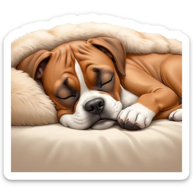 Meme-Worthy cute Sleeping Boxer dog Portrait Emoji, Head resting peacefully with a contented smile, showcasing a delightfully cute build and a luxuriously soft fawn fur, eyes shut in a serene nap, Simplified yet hilariously adorable features, highly detailed, glowing with a soft, drowsy light, high shine, relaxed and utterly lovable, stylized with an air of playful laziness, bright and heartwarming, soft glowing outline, capturing the essence of a comically sleepy Boxer, so meme-worthy it feels like it could instantly become the next viral sensation of adorable slumber! sticker