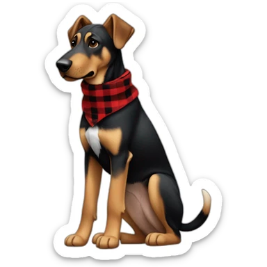 75% Coonhound 25% German Shepherd mix dog wearing small pointed red buffalo plaid bandana pointing down side view full body facing left sticker