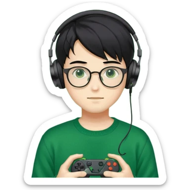 
gamer, Gorgeous green sweater black hair anime style shojo guy glasses, headphone, gamepad sticker