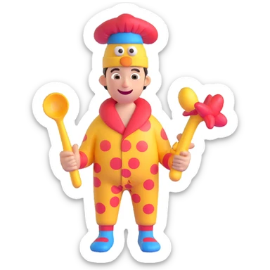 Make the psychiatric clinic patient character even funnier by exaggerating the facial expression, adding mismatched socks, a silly propeller hat, and a rubber chicken accessory. Keep the #6fe8f3 pajamas and maintain the playful 3D style. sticker