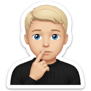 man in black knitted sweater in thinking pose, blue eyes, index finger touching his chin, eyes looking up to the top right sticker