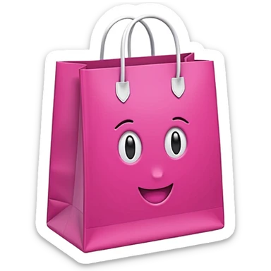 Bolsa de papel rosa fucsia con asas blancas, patrón repetido 'DRUNI' en rosa claro y un 'DRUNI' vertical blanco en el centro, estilo emoji iOS, brillante y realista. sticker