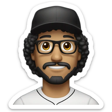 Latino man with long curly hair wearing black glasses brown eye and black baseball hat short black beard and mustache sticker