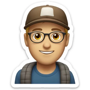 White caucasian boy with light beard with Cap and transparent round glasses smiling with brown eyes sticker