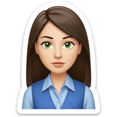 43 year old Adult woman avatar, light skin tone, long, oval face, long straight ashy brown hair, green almond-shaped eyes with dramatic eyelashes and minimal eyeliner, neutral mouth, medium straight eyebrows, average nose, smooth skin,  white collared button down shirt, blue vest sticker