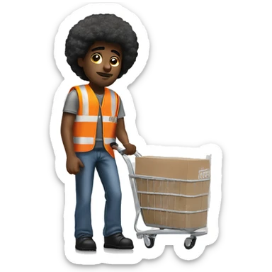 sad Black Male with Small Afro from Home Depot wearing orange pro loader vest pushing orange home depot carts sticker